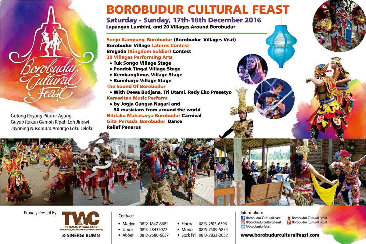 BorobudurFeast's tweet photo. #borobudurculturalfeast #BCF2016 event scheedule. Dont miss it!! 17-18th dec 2016. Lumbini Park and 20 villages around Borobudur https://t.co/wMlCnOFn7U