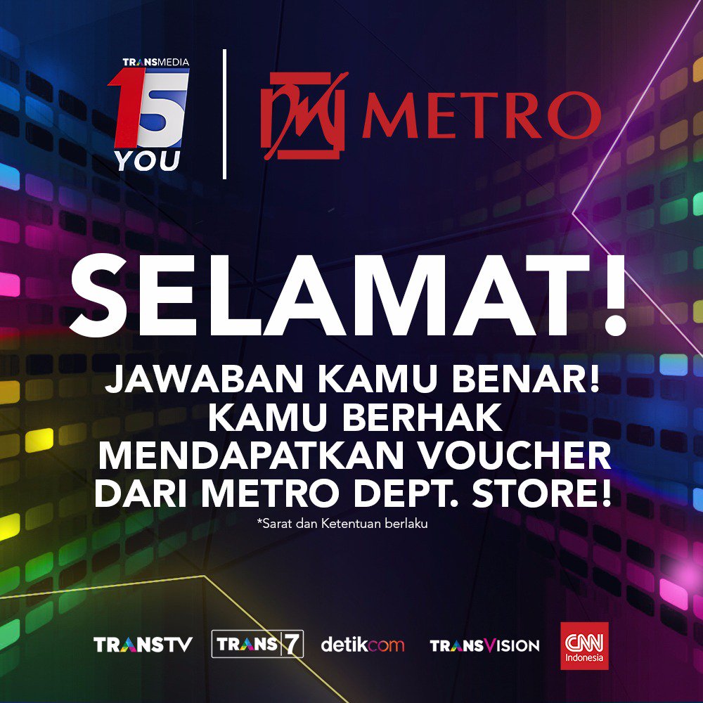 Selamat <a href="/SaptoAdi_07/">Sapto Adi</a> menang kuis #TRANSMEDIA15YOU kamu dapet kaos ttd <a href="/slankdotcom/">Slank Band</a> dan <a href="/NuBLINKOfficial/">BLINK Official</a> + Voucher <a href="/METROdept/">METRO Dept. Store</a>