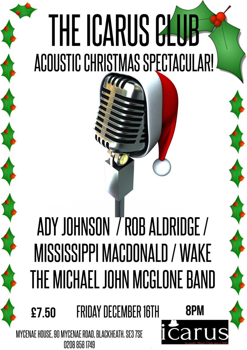 This is tomorrow <a href="/mycenaehouse/">Mycenae House</a> . Come and see <a href="/adyjohnson/">Adrian Johnson</a> <a href="/sippiblues/">MississippiMacDonald</a> <a href="/themjmband/">The MJM Band</a> <a href="/Wakeband/">Wake</a> &amp; Rob Aldridge #acousticchristmasspectacular