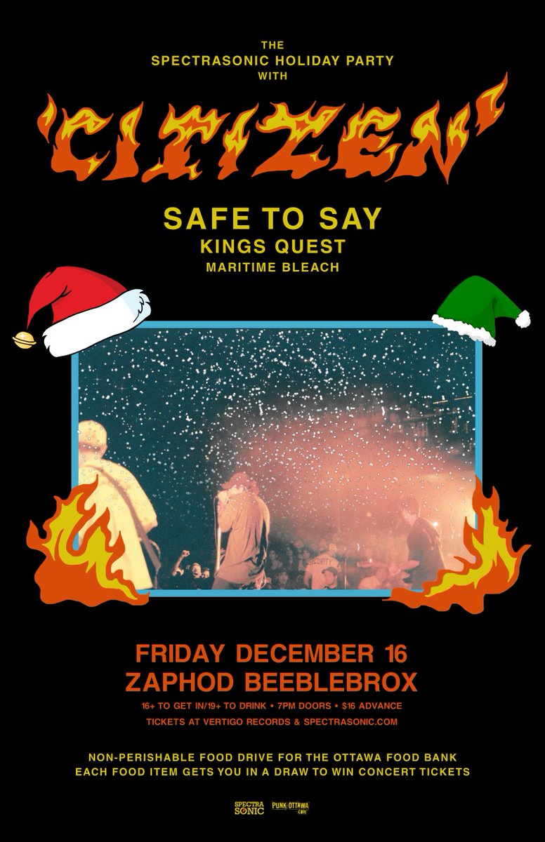 TOMORROW, <a href="/CitizenMI/">CITIZEN</a> @SafeToSayMusic <a href="/KingsQuestBand/">Kings Quest</a> &amp; <a href="/MaritimeBleach/">maritime bleach</a> at <a href="/Zaphods_Ottawa/">Zaphod Beeblebrox</a>! Tix <a href="/VertigoOttawa/">Vertigo Records</a> &amp; spectrasonic.com/event/1338285!