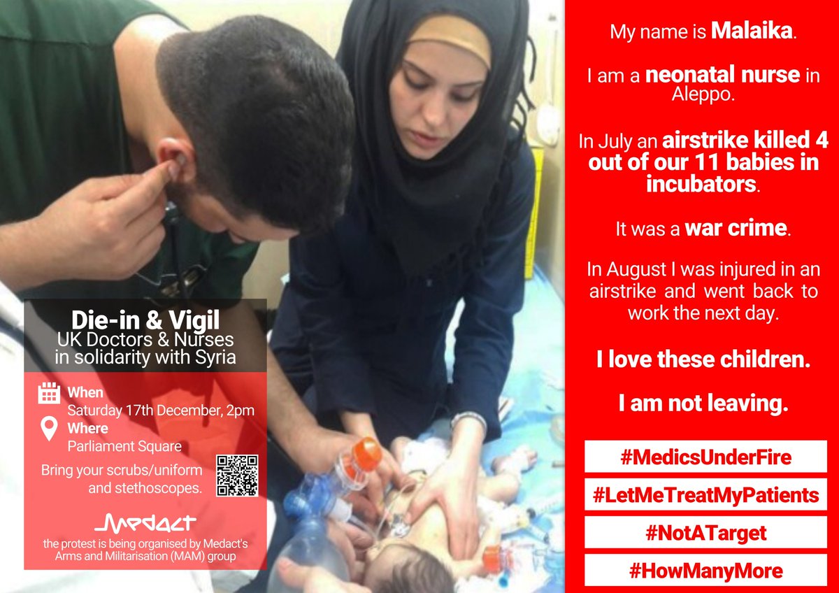 Medact's tweet photo. My name is Malaika. I'm a neonatal nurse. In July an airstrike killed 4 of our babies in incubators. I love these children. I am not leaving https://t.co/5RzbH5MUUq