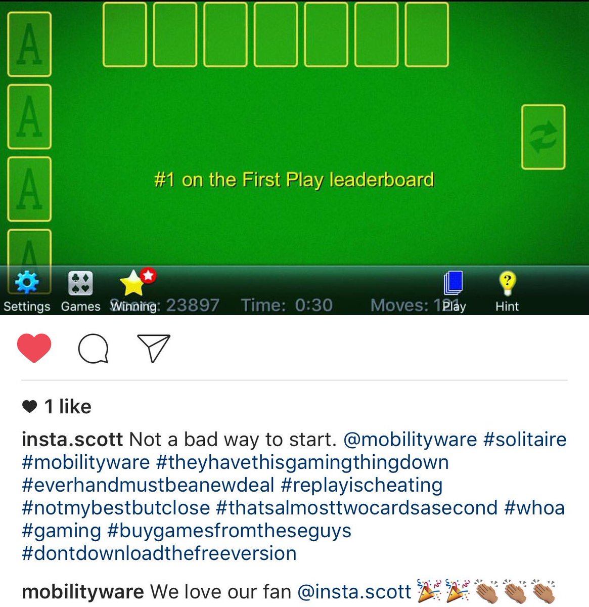 MobilityWare's tweet photo. We love our fans!!!!!!!! Love this #Instagram post ๐ #fanlove #mobilityware #mwsolitaire #freedownload #iosgames #gamestudio #firstandbest https://t.co/oWxmITmwQG