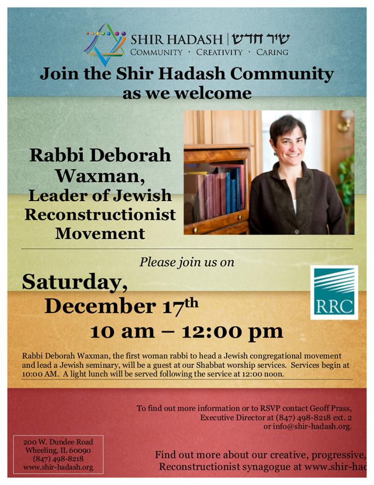 SHIR_HADASH's tweet photo. Rabbi Waxman,1st woman rabbi to head Jewish movement and seminary, our Shabbat guest 12/17/16 200 W. Dundee Road Wheeling #BestShulEver https://t.co/ov4HGNu7sK