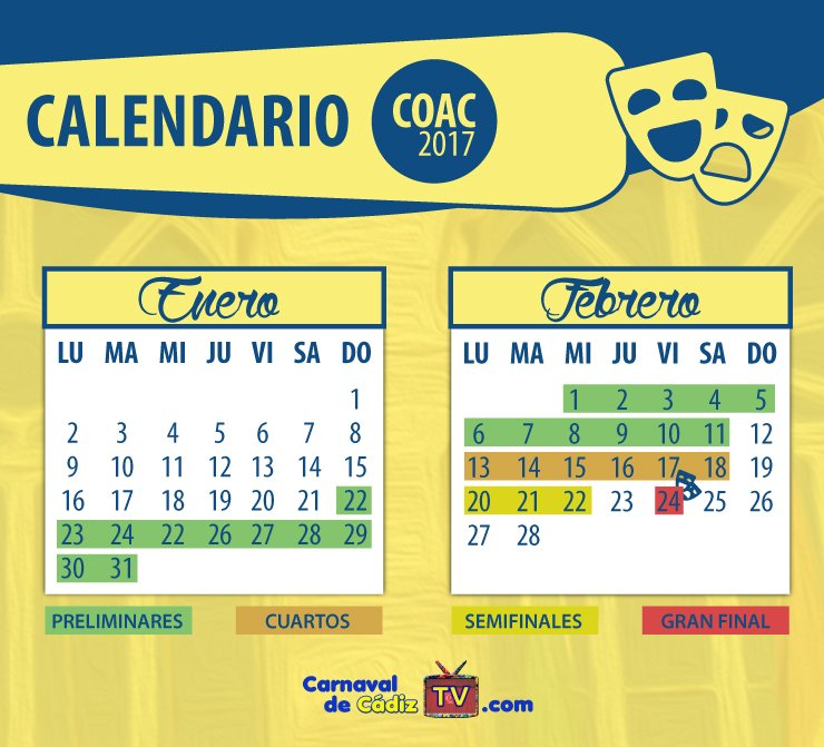 CarnavalCadizTV's tweet photo. ¡Ya tenemos fecha oficial para el comienzo del #COAC2017! Será el 22 de enero. ¡MÁS DE UN MES DE CARNAVAL! Más en: https://t.co/61YlwwQ2QH https://t.co/q2QZqdA02y