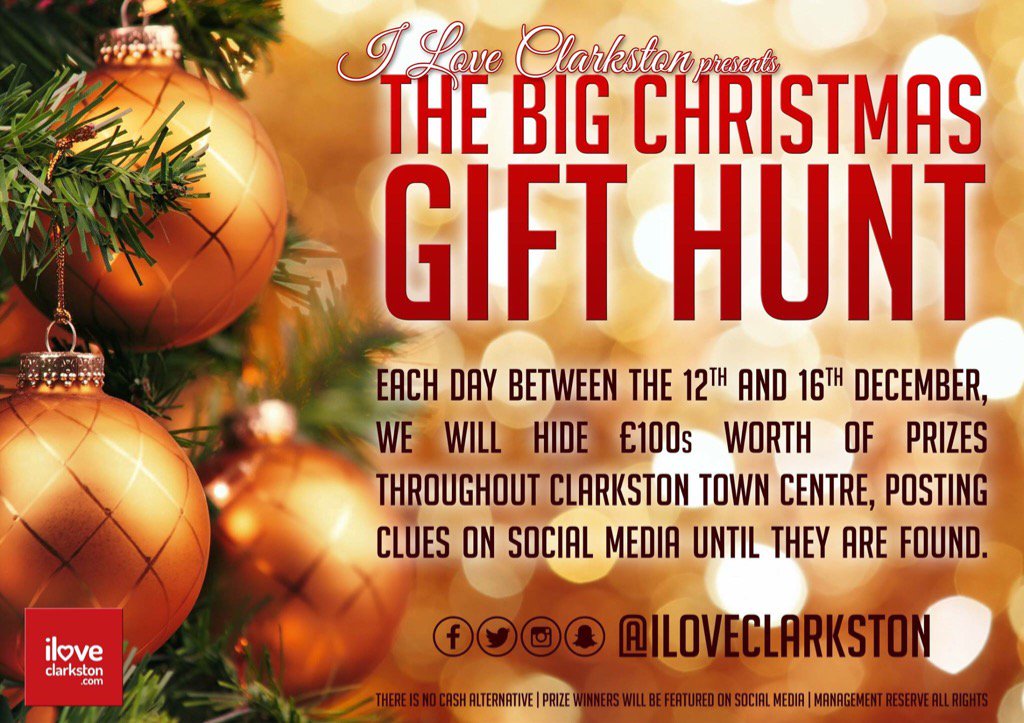 Last day of the #BigChristmasGiftHunt tomorrow! 6 huge prizes up for grabs from 7:30am! fb.me/iloveclarkston