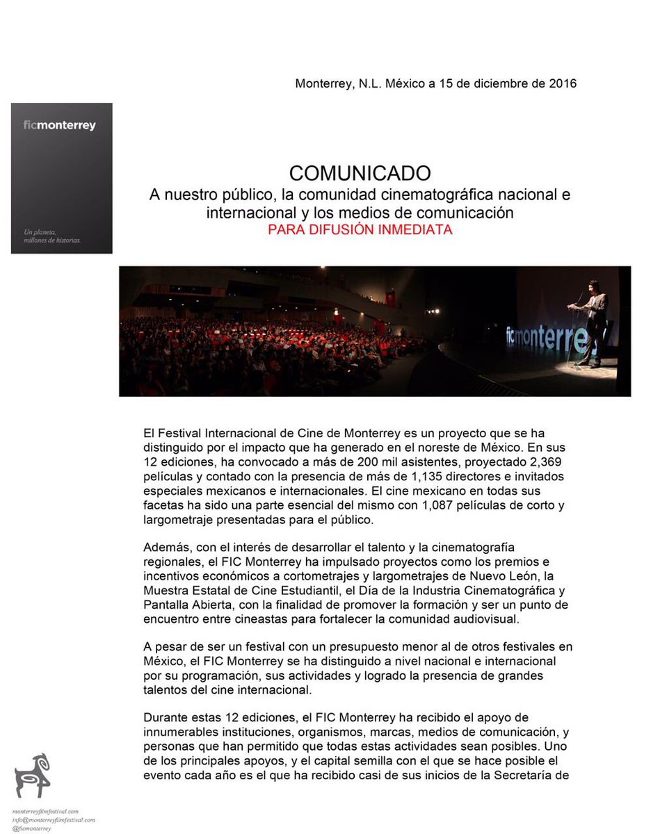 ficmonterrey's tweet photo. Comunicado a nuestro público, a la comunidad cinematográfica y a los medios de comunicación - FIC Monterrey https://t.co/ydwEeXdzBZ