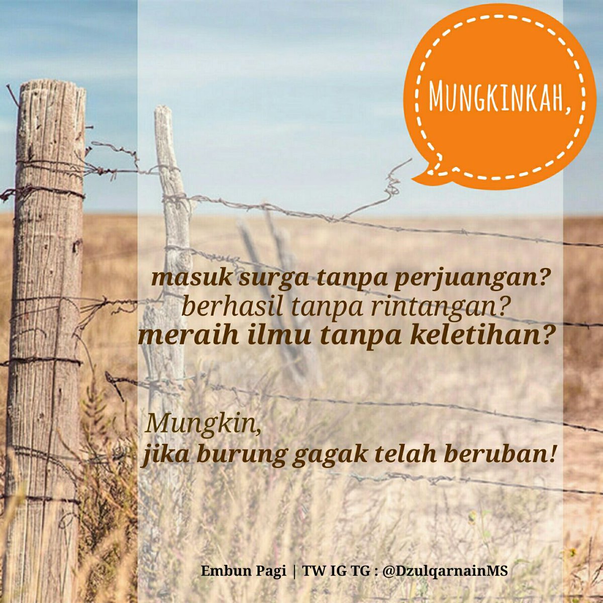 DzulqarnainMS's tweet photo. Mungkinkah masuk surga tanpa perjuangan, b'hasil tanpa rintangan,
mraih ilmu tanpa keletihan?
Mungkin, jika burung gagak tlah beruban! https://t.co/4ponEPHECs
