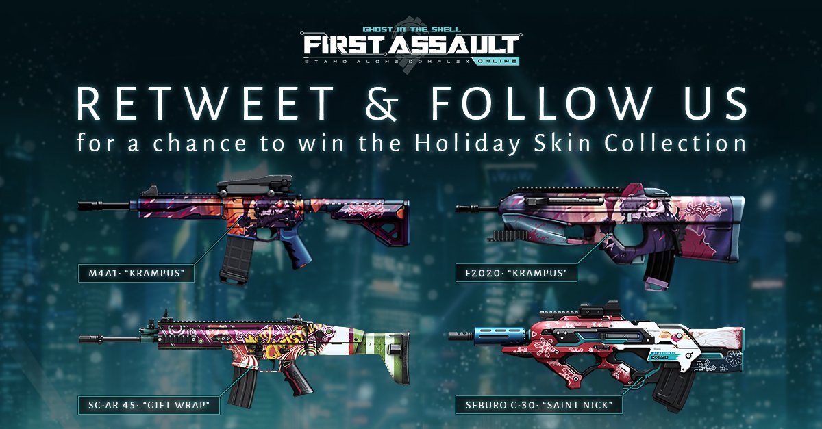 First_Assault's tweet image. Retweet &amp;amp; follow us here on Twitter for a chance to win the Holiday Weapon Skin Collection! RULES&amp;gt;&amp;gt; ow.ly/2aK2307aLX0