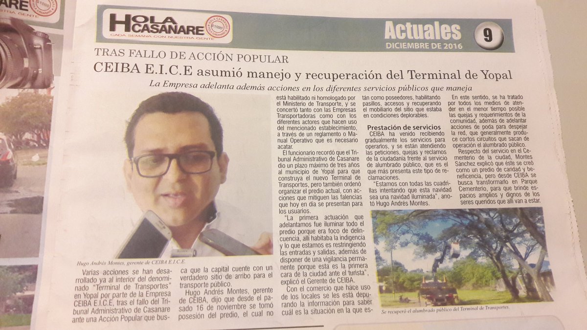 CeibaEice's tweet photo. #CEIBAOFICIAL 
El periódico Hola casanare con la dirección de Orlando Correa, esta semana hace un artículo sobre el terminal de transporte. https://t.co/2l7DQwRynV