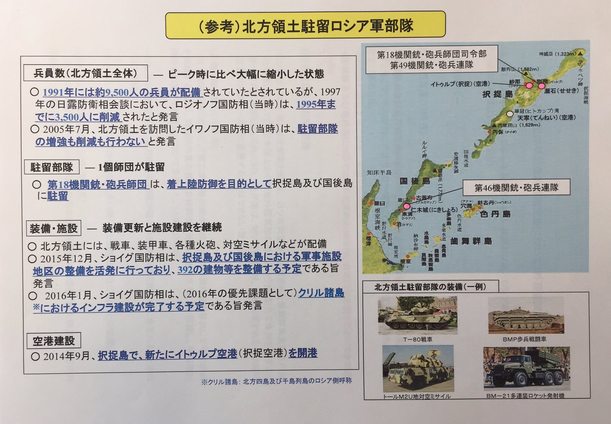 玉木雄一郎 国民民主党代表 北方領土には ロシア軍の戦車 装甲車 各種火砲 対空 対艦ミサイルが配備 国後島 択捉島には ロシア軍第18機関銃 砲兵師団が 着上陸防御を目的として駐留