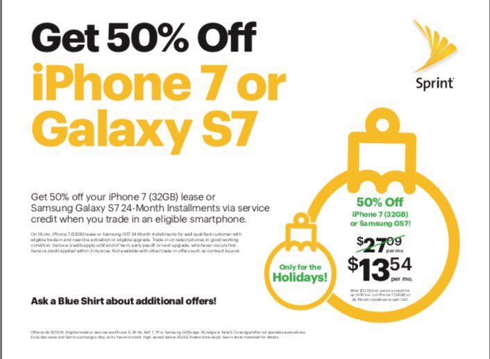 MrsChadusky's tweet photo. Trade in your old device and get up to 50% OFF your new iPhone 7 or Samsung Galaxy S7! Only w/Sprint Only@BestBuy! https://t.co/qUnX3Tmsov