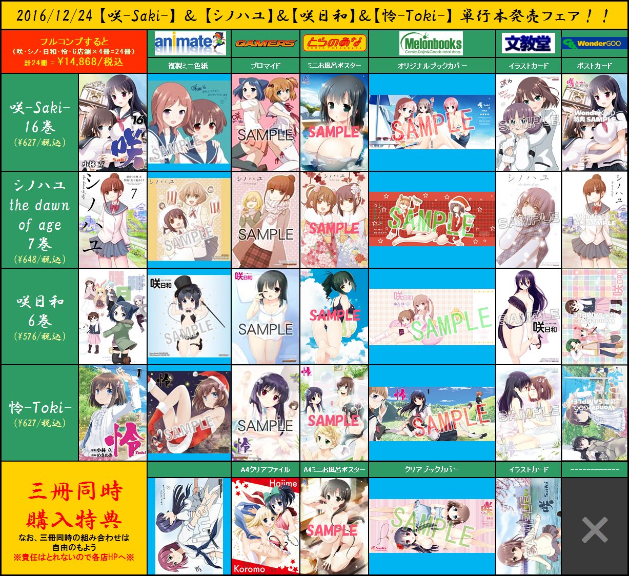 田中 特典情報 Ver Final 16年12月24日発売予定の 咲 Saki 16巻 シノハユ7巻 咲 日和6巻 怜 Toki 1巻 の特典情報です 全店そろい踏み 世界よ これが 咲 Saki シリーズだ Saki 咲 シノハユ 咲日和 怜 特典 T