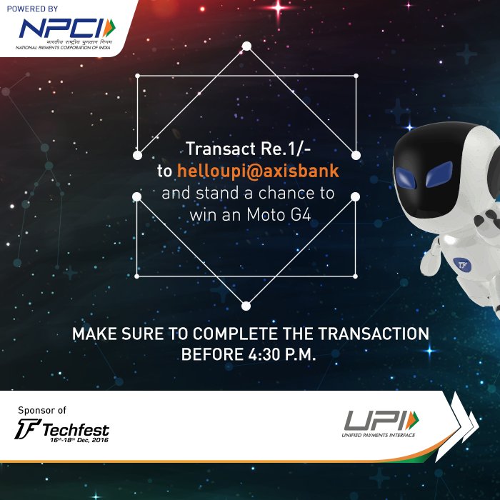 UPI_NPCI's tweet photo. Make sure to transact Re.1/- to our unique id, before 4:30 p.m. #UPIseJudein #Transact2Win https://t.co/1pGw99Hny2