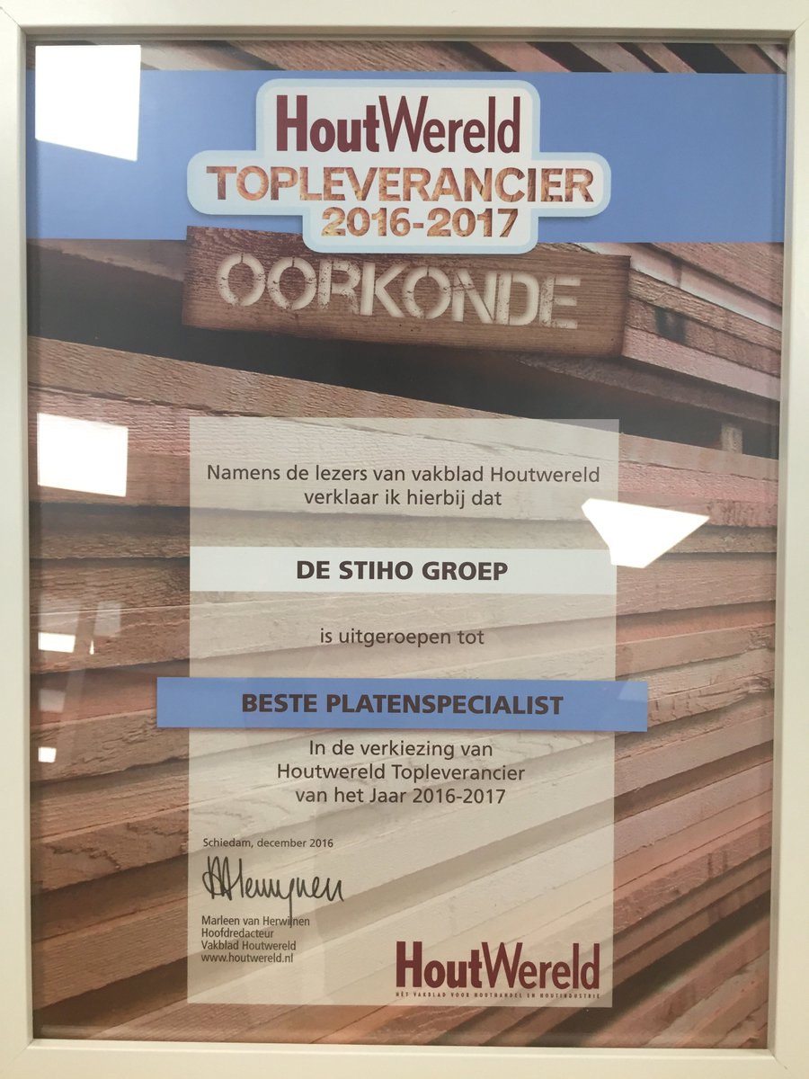 <a href="/StihoBV/">Stiho</a> uitgeroepen tot Plaatspecialist van het jaar door de lezers van <a href="/Houtwereld/">Houtwereld</a> #Trots #Plaatspecialist