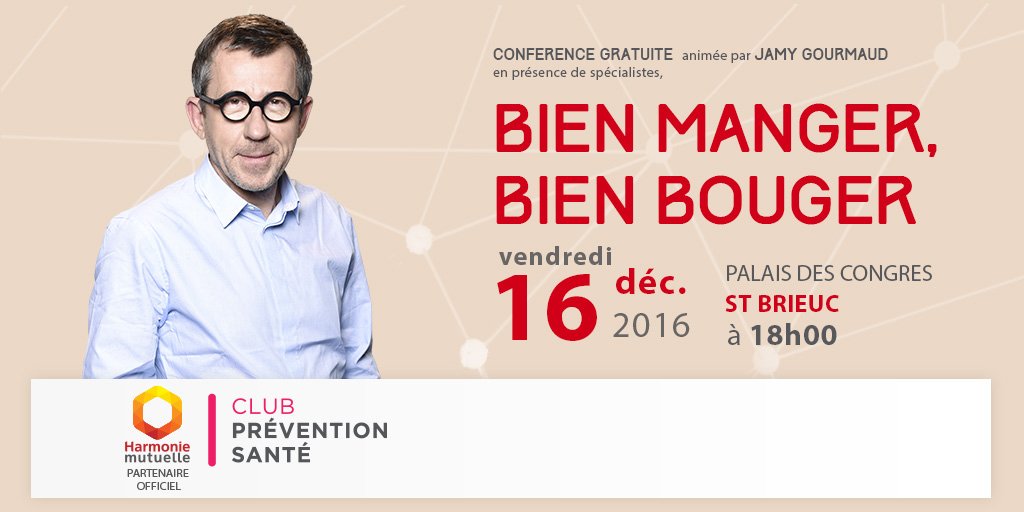 #clubpreventionsante ce soir conf. gratuite de #Saintbrieuc #MangerBouger animée par <a href="/gourmaud_jamy/">Jamy Gourmaud</a> bit.ly/2gp1rbd
