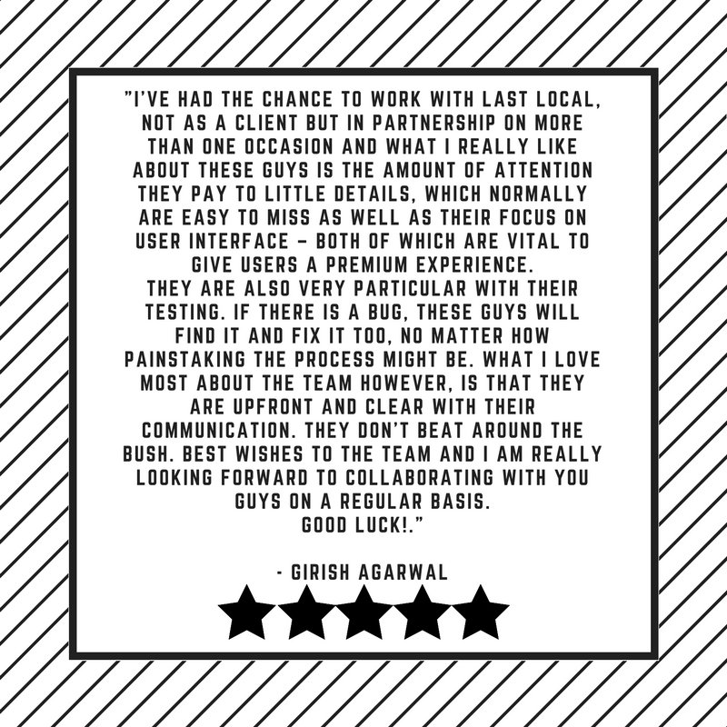 lastlocalapps's tweet image. Thanks for the kind #words Girish Agarwal. We love working with you too!

#lastlocal #apps #appdevelopers #websites #programmers #seo #smm