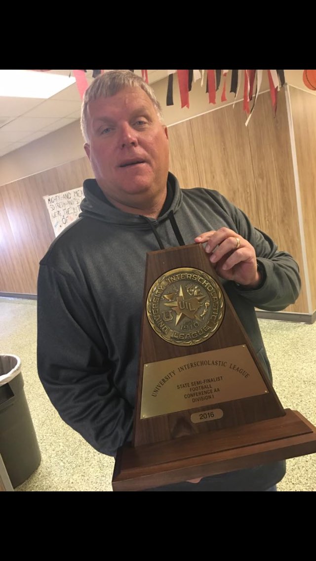 pchristy11's tweet photo. Coach Daily received the Abernathy Antelopes Class 2AD1 State Semifinal Trophy at the school today! Congrats to Abernathy! https://t.co/fnY5HtFy5m
