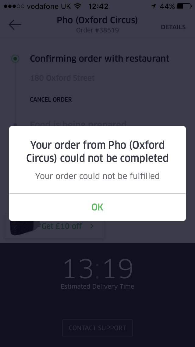 sullivansdub's tweet photo. @UberEATS @Uber_Support outrageous customer service; don't offer if you can't deliver #ubereats https://t.co/gVtWZwH28F