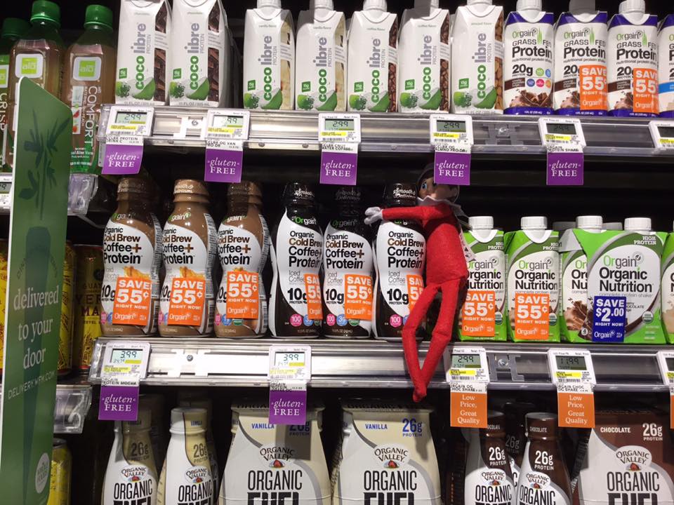 DrinkOrgain's tweet photo. Spotted! Elf On a Shelf "hanging out" at his local @WholeFoods. He loves coffee like we love coffee. #elfonashelf 📸 @amy_urquidez https://t.co/blWN0FTtTl