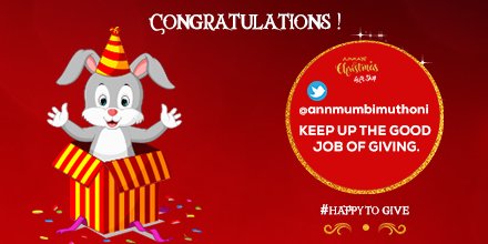 JumiaKenya's tweet photo. Our lucky winner of the buggest Christmas Gift Hamper this year is @annmumbimuthoni . Congratulations our #HappyToGive winner :-) https://t.co/6ELECFHE2h