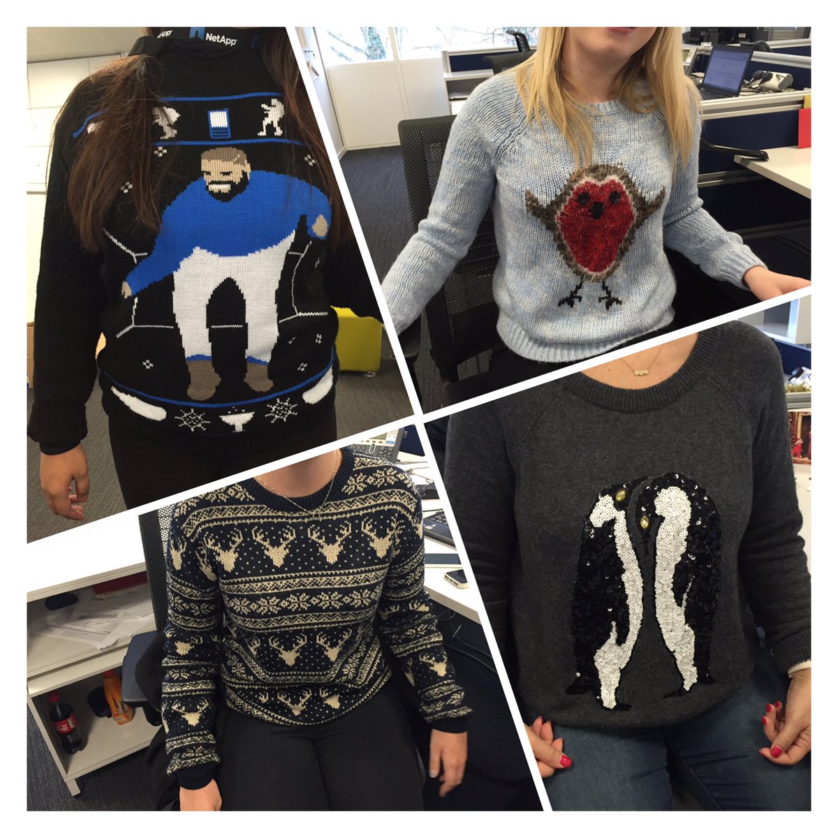 NetAppUK's tweet photo. Here's a selection of our Xmas Jumpers. Remember to donate to @savechildrenuk, every penny counts! #christmasjumperday https://t.co/EYQl7RNR6U