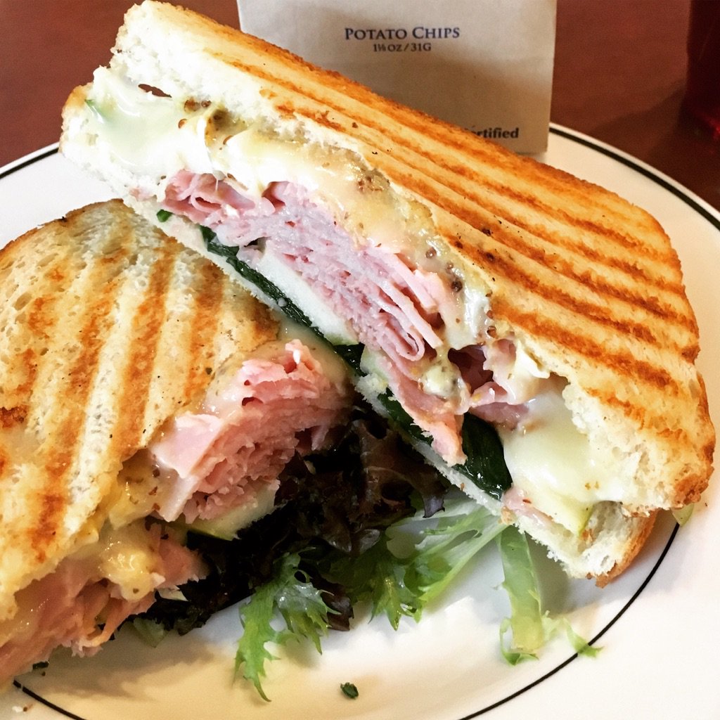 Cold weather calls for a warm Ham &amp; Brie Press:  Granny Smith Apples, Spinach, Honey Mustard, Sourdough #stleats #localfood #lunch