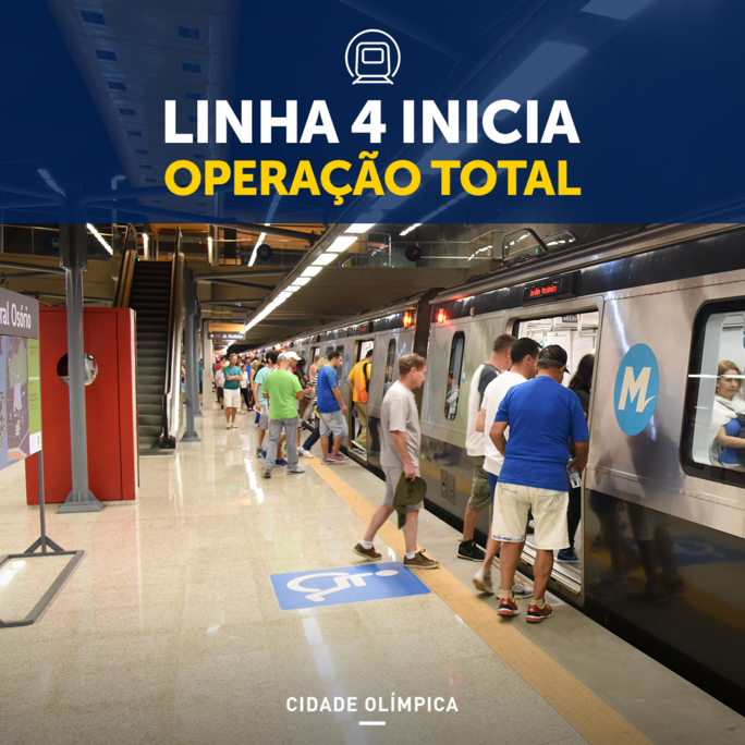 A partir de amanhã, a Linha 4 do Metrô começa a operar integralmente. O horário de funcionamento segue o mesmo das linhas já existentes.