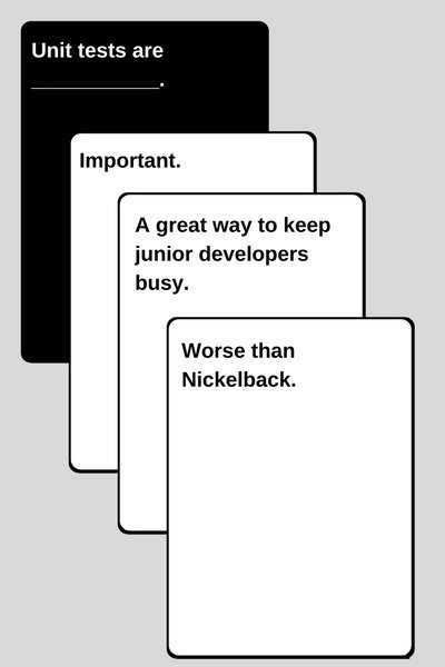 zend's tweet image. What are your thoughts on #unittesting?

#CardsAgainstCode #testing #software #programming #PHP
