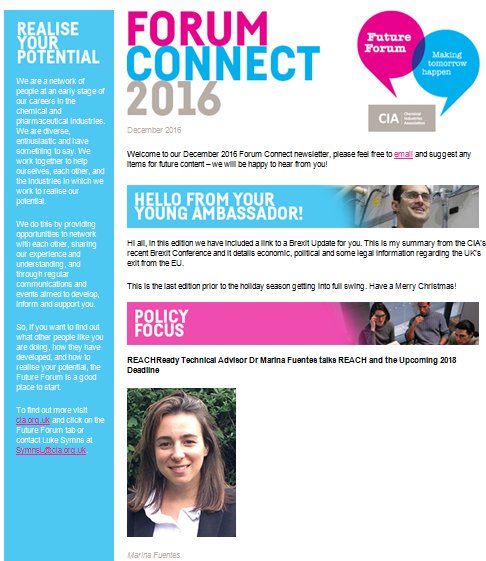 See_Chem_Bus's tweet photo. December's Future Forum newsletter includes input from @REACHReady's Dr Marina Fuentes. Join the mailing list - email FutureForum@cia.org.uk https://t.co/8wqeqzWvQZ