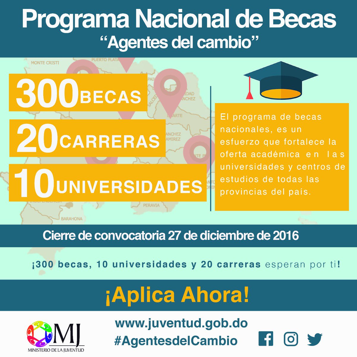 JuventudRD's tweet image. ¿Deseas ser uno de nuestros #AgentesdelCambio en tu comunidad? Solo tienes que aplicar a una de las 300 #becasdegrado disponibles. #becas