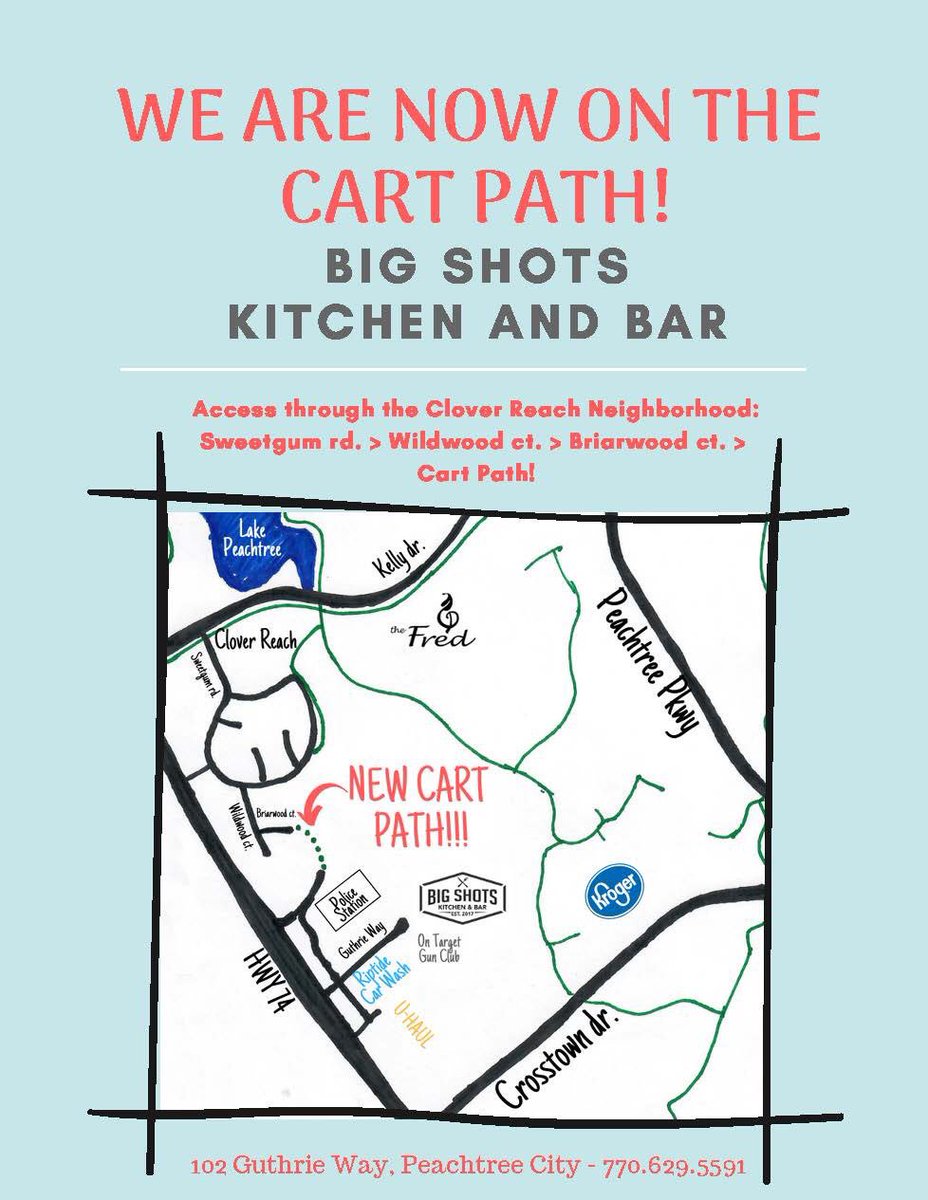 bigshotskitchen's tweet photo. We are now golf cart accessible! Come see us on your golf cart and receive $1.50 off all adult beverages through July 11th! 
#eatatl #peachtreecity #bigshots #golfcart https://t.co/v1zx1eEjDd