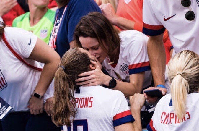 jillboard's tweet image. Billie Jean King was the first female athlete to admit to being gay, but only after being outed in a 1981 lawsuit. It hurt her image. Yesterday, after winning the world cup, Kelley O’Hara—who wasn’t previously out—ran to the sideline &amp;amp; kissed her girlfriend. How far we’ve come.