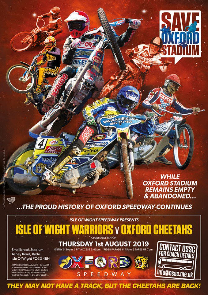 OxfordSpeedway's tweet photo. Barry Cross has designed this wonderful poster for our challenge match on the ISLE OF WIGHT on Thursday, August 1st.
PLEASE feel free to print out and display it, so that everyone knows that Cheetahs will be back on track! Please RT.
#CheetahsAreBack
#IsleOfWightvOxford https://t.co/m6rqP6U8QL