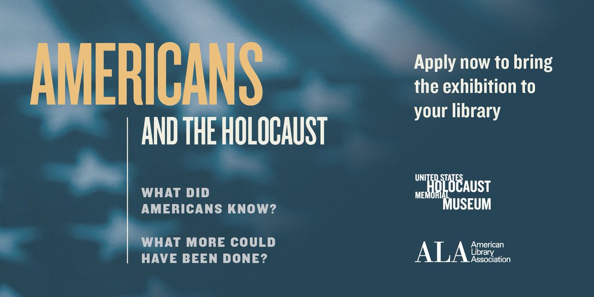 ALALibrary's tweet image. Reminder for public and academic library folks: Apply by August 9 to host &quot;Americans and the Holocaust,&quot; a traveling exhibition from the US Holocaust Memorial Museum in Washington, D.C., and ALA&apos;s Public Programs Office. Learn more: bit.ly/2XudgU6 #programminglibrarian