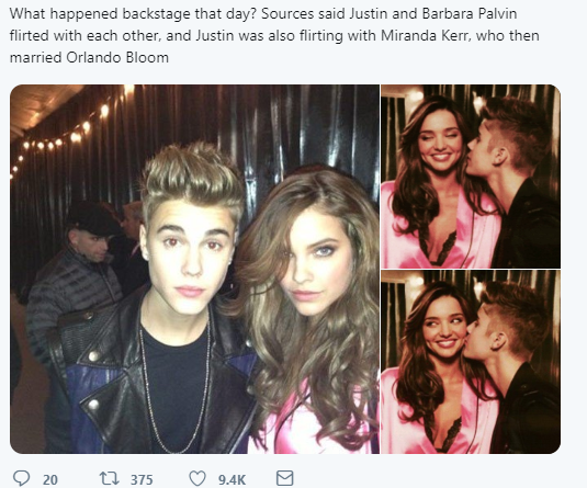 Again, Justin was SINGLE the night of the VS. He could have done whatever with whomever.Who slept with Orlando Bloom while he was in a relationship with Katy Perry while Katy was talking about growing old with him 3 nights before?? Oh right, the home wrecker - Selena Gomez
