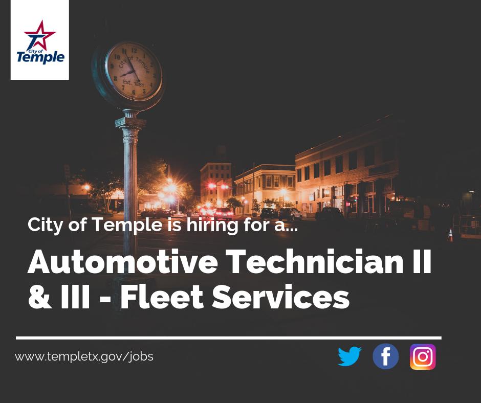 cityoftempletx's tweet photo. The City of Temple is currently seeking an Automotive Technician II & an Automotive Technician III for our Facility Services Department. Would you or someone you know be a good fit? Visit https://t.co/68tgNJnPJv to review the job description and apply! #workwithus #templejobs https://t.co/GP2zCdXXjp