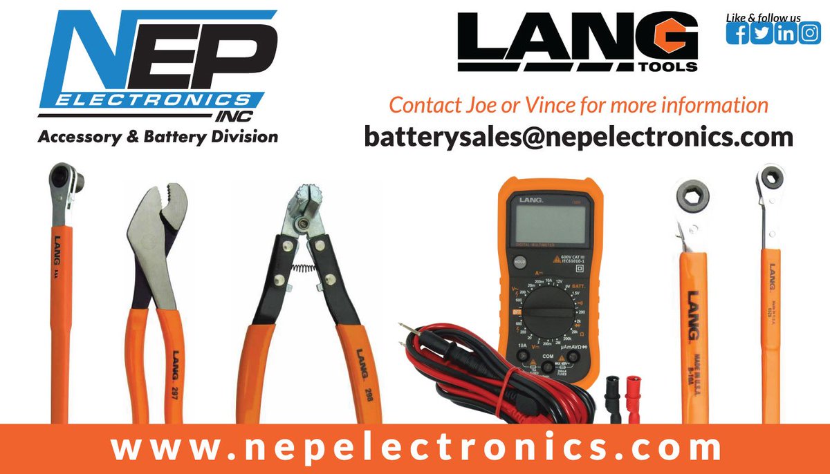nepelectronics's tweet image. Lang Tools provides you with innovative tools lasting many years

Contact Joe or Vince for more information at batterysales@nepelectronics.com 

Visit us on the web at nepelectronics.com 

#nepelectronics #nep #langtools #slackadjuster #tools #lang #pliers