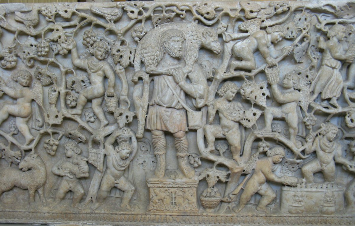 romanarchaeouk's tweet photo. Christian or pagan? The decorations on this sarcophagus from the catacombs of Pretestato are debated: cupids pick and press grapes watched by three 'good shepherds' carrying sheep yet panpipes hang on the vine & griffins confront a sacrificial tripod #RomanItaly #RomanArchaeology https://t.co/l9nxZLx6Ay