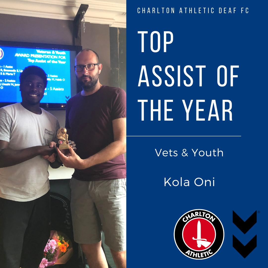 WellingUtdDeaf's tweet photo. Top Assist of the Year 2018/19 for Vets &amp; Youth - Kola Oni! 🏆 
#CharltonAthletic #Deaf #Footballclub #London #Kent #cafc #cact #cadfc #europe #DCL #EDF #bromley #southlondon #league #competition #awards #presentation #achievements #winners #family #bigclub https://t.co/NR4aLGN946