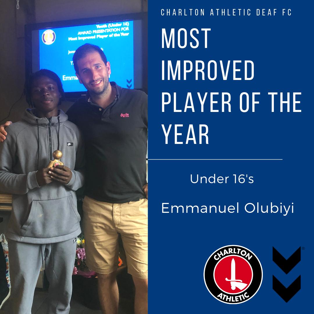 WellingUtdDeaf's tweet photo. Most Improved Player of the Year 2018/19 for Under 16’s - Emmanuel Olubiyi! 🏆 
#CharltonAthletic #Deaf #Footballclub #London #Kent #cafc #cact #cadfc #europe #DCL #EDF #bromley #southlondon #league #competition #awards #presentation #achievements #winners #family #bigclub https://t.co/HVgTp80KvN