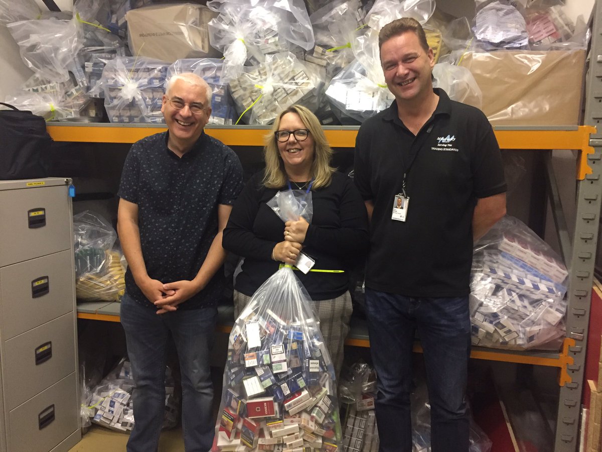 rdulieu's tweet photo. Me and my fantastic Trading Standards team ( Ian &amp; David) and the 230 thousand illegal cigarettes and tobacco items seized from Medway traders last week. Great work !! #WeAeMedway #Frontlineservices# https://t.co/qSEA7dsU21