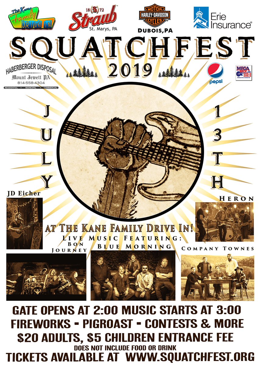 StraubBeer's tweet photo. #MondayMotivation Get to  #Squatchfest2019 at the Kane Family Drive In July 13th! @BonJourney @CoTownes @weareheron and Blue Morning! @StraubBeer in the beer tent alongside @LogyardBrewing ! #FeelingSquatchy @ThePAwilds https://t.co/dUaDdLKgPg