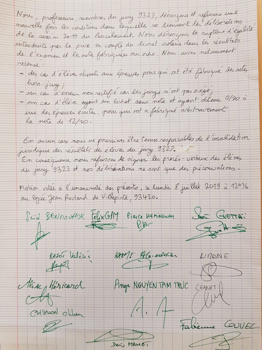 Motion écrite et co-signée aujourd’hui par tous les membres présents de mon jury de bac. 

Nous vivons une situation ubuesque. Ce qui vient de se produire laissera des traces profondes dans notre institution scolaire. 

Le ministère @jmblanquer est un fiasco. 

#baccalaureat2019