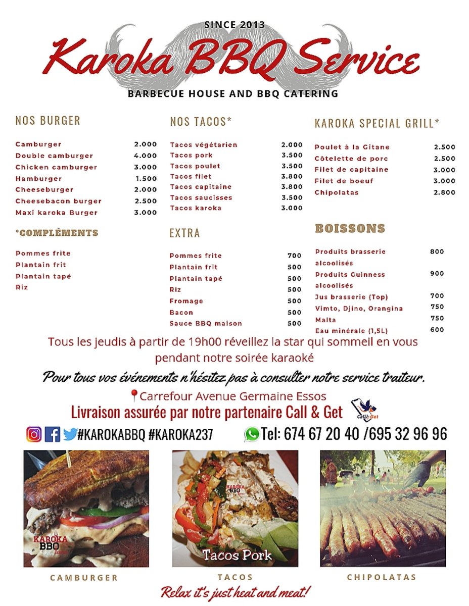 Karoka237's tweet photo. 🚨🚨🚨🚨🚨🚨🚨🚨
Notre carte définitive et physique est prête et pour toute vos commandes de livraison n'hésitez pas à vous abonner chez notre partenaire @CallGet3 ☺️
#youneedit #camburger #karoka237 #karaoke #funadvisor #kathalog1 #CallGet3 #chipolatas #tacos #Yaoundé #Cameroun https://t.co/NW7QTNem4u