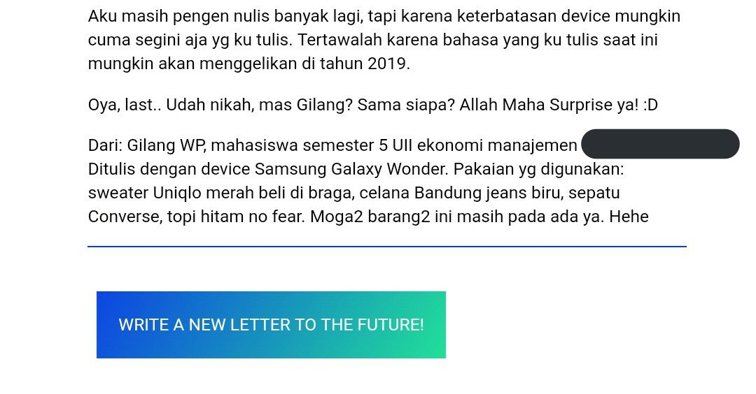 gilankwp's tweet photo. Baru sempet baca email dari masa lalu. Ya, dari 2014! 

Emang rada deg2an sih nebak dulu nulis apa aja. Hahaha. Berasa ngomong &amp; dinasehati sama diri sendiri tapi beda umur. Rada jleb gimana gitu~

Makasih bang @SaulRaja yg dulu ngenalin @futureme . Nostalgianya ngena bgt. 😋😁 https://t.co/s4doDa5rNm