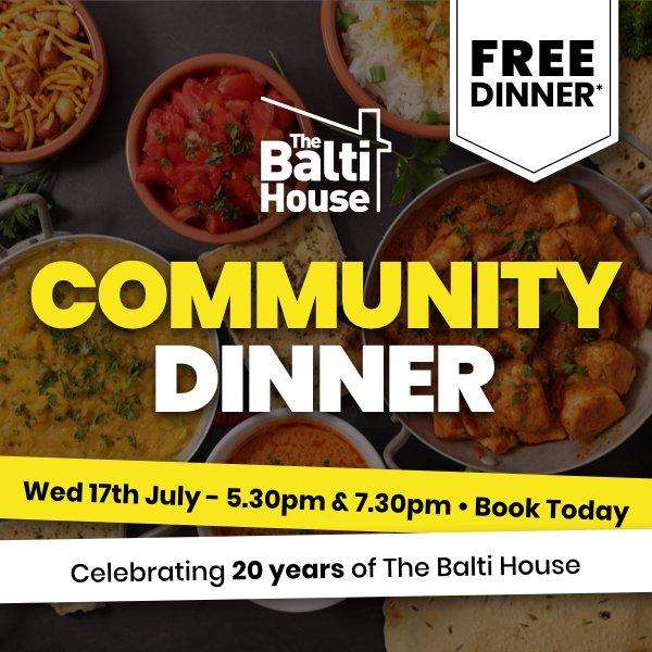 😍 Community Dinner Menu 🙌
Join us to celebrate our community &amp; you, our #BaltiFamily!
Chicken #Pakoras
#OnionBhaji
Sheek #Kebab

#ChickenTikka Masala
Keema Mater
Chicken #Bhuna
Saag Aloo

Desi Pilau
#Naan
Chips

17.07.19 - 17.30 &amp; 19.30 - Book today!
👉 bit.ly/2IHZnYp