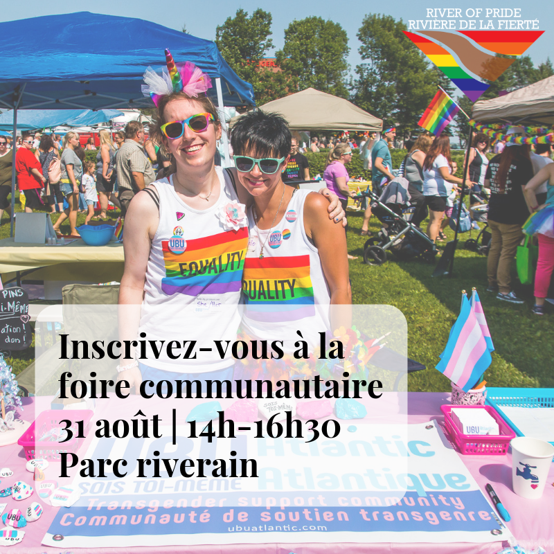 Les inscriptions pour la foire communautaire sont ouvertes ! Veuillez remplir le formulaire ci-dessous pour y inscrire votre groupe. Pour plus d'informations, visitez rivieredelafierte.com ou contactez-nous par courriel. 
Formulaire d'inscription ➡️ bit.ly/2XBpqpH