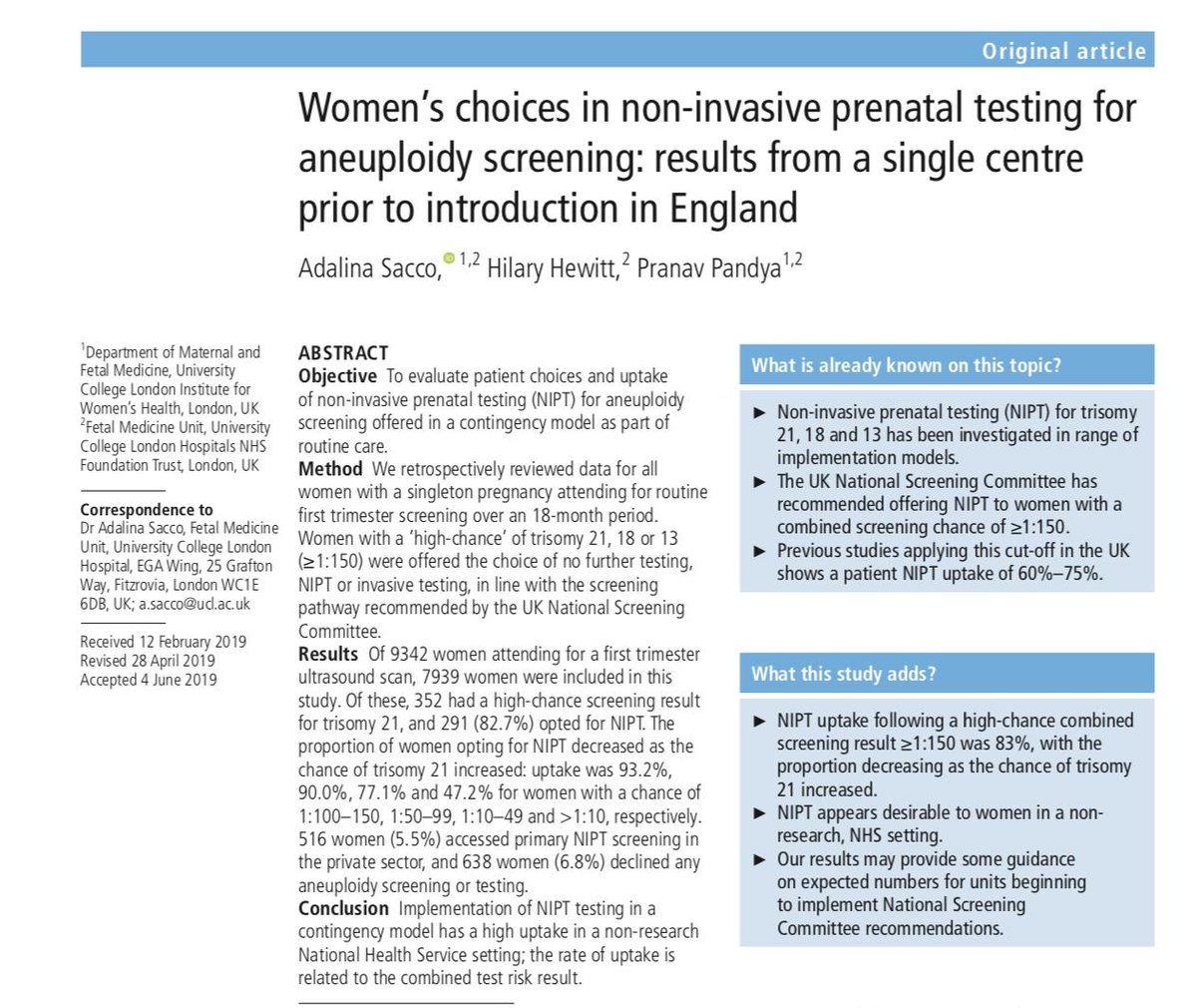 Prior to roll-out of #NIPT in a contingency model nationally, we evaluated our <a href="/uclh/">UCLH</a> experience of providing this in line with @PHE_Screening guidance and found that &gt;80% of women with high-chance of aneuploidy chose this option in a non-research setting 
adc.bmj.com/content/early/…