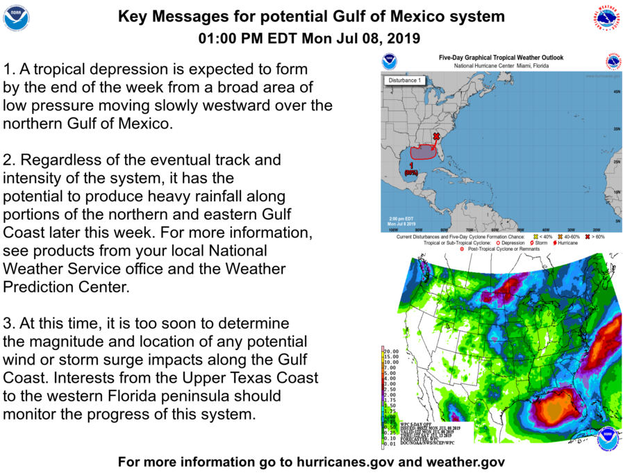 NHC_Atlantic's tweet photo. Here are Key Messages for the system with a high chance of tropical cyclone formation in the northern Gulf of Mexico later this week. For more information see https://t.co/tW4KeFW0gB and https://t.co/SiZo8ohZMN #AL92 https://t.co/CFc5isI282