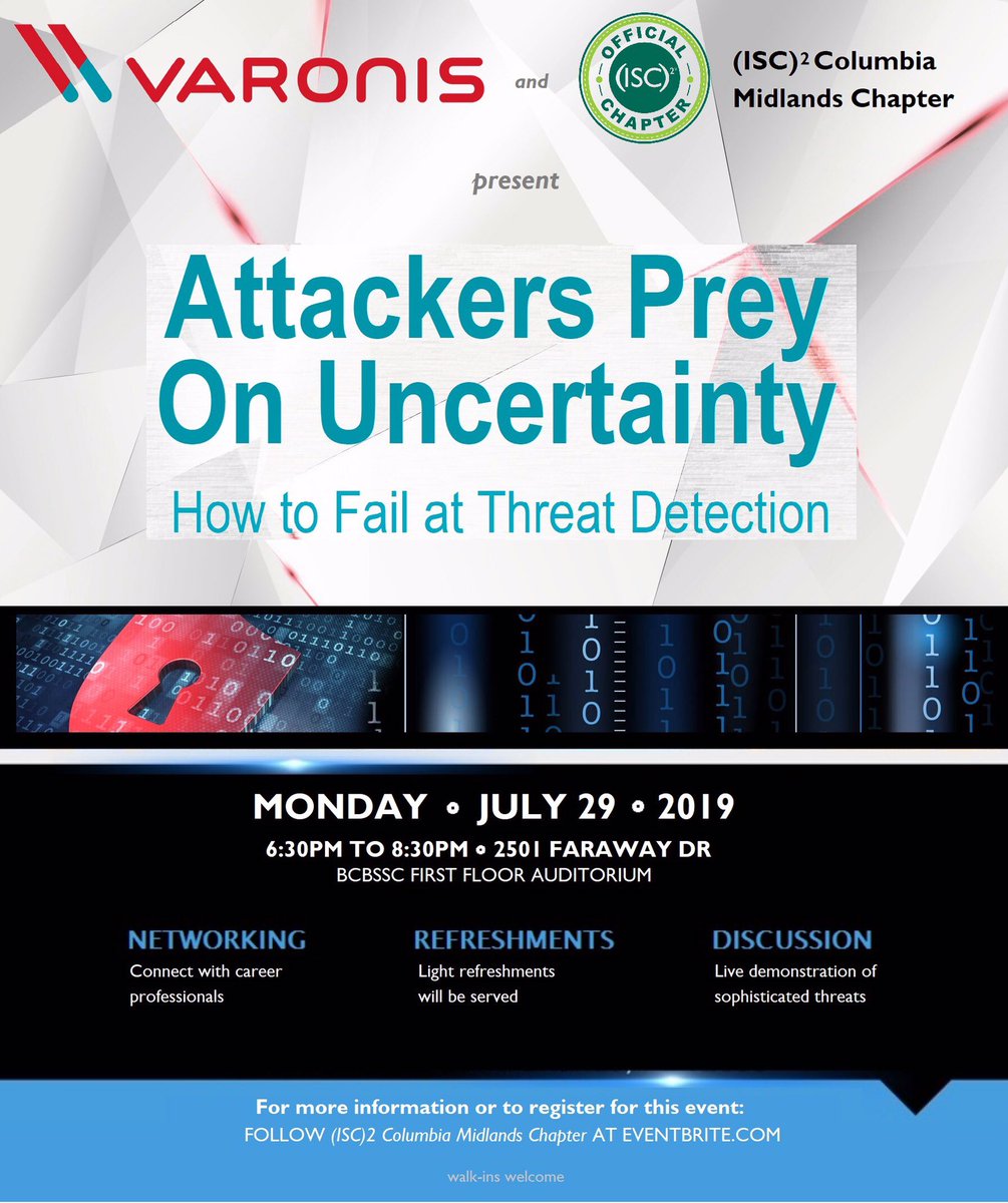 Isc2MidlandsCpt's tweet photo. Join us as we host Varonis on July 29, 2019. Watch live demonstrations of sophisticated attacks and learn about methodologies to better protect data at scale.

Networking and Refreshments 6:30PM – 7:15PM

Chapter Notes 7:15PM – 7:30PM

Varonis Presentation 7:30PM – 8:15PM https://t.co/r0W0V7vaGe